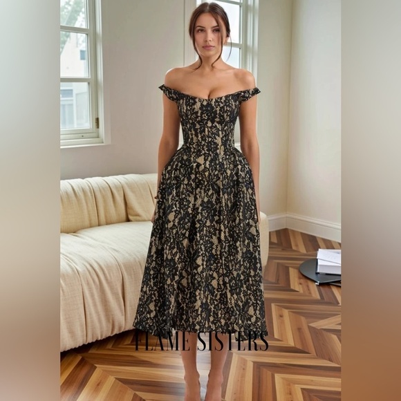 House of CB Black Lace-Overlay Off-Shoulder Midi Dress - Picture 9 of 16